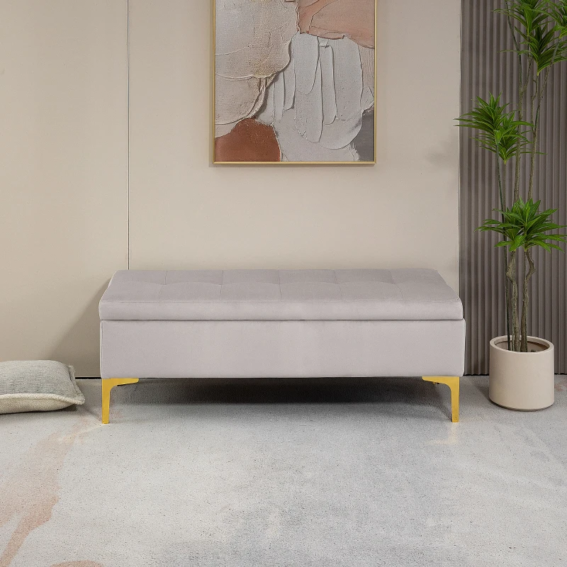 HOMCOM Panca Contenitore Fondo Letto con Tessuto Vellutato e Gambe Dorate, 120x44x44.5cm, Grigio Chiaro