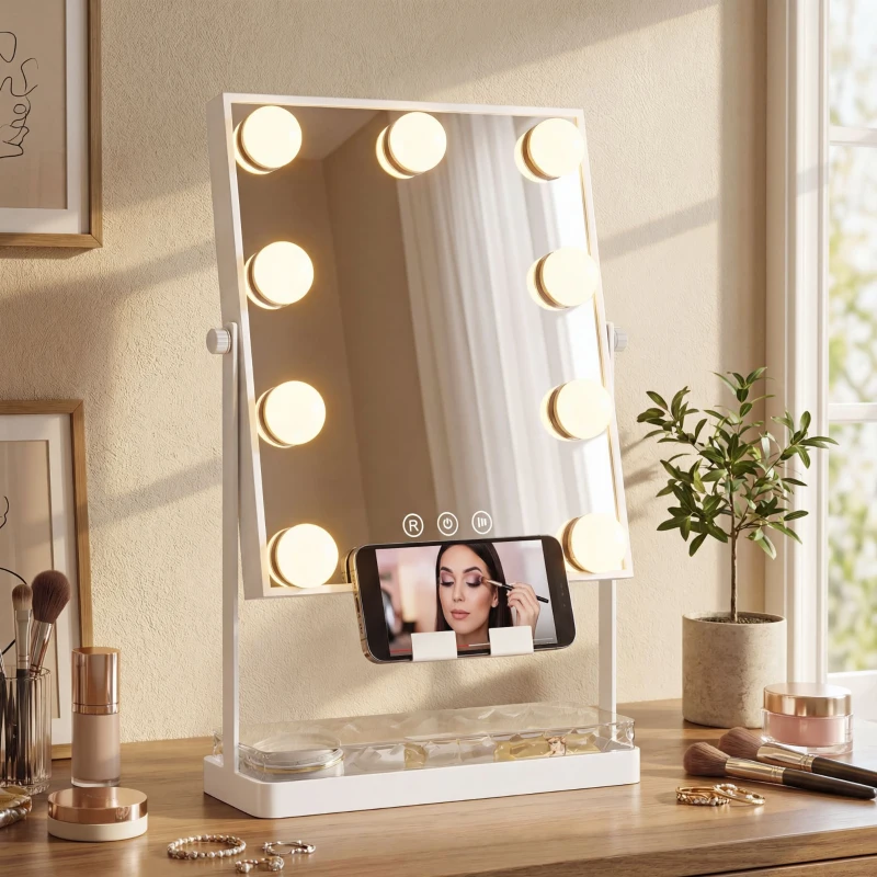HOMCOM Espelho de Maquilhagem com Luz 9 Lâmpadas LED 3 Cores Interruptor Tátil Suporte para Telemóvel Branco
