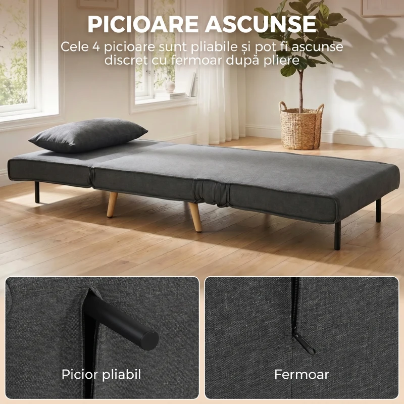 HOMCOM Fotoliu Extensibil 3 în 1 cu Spătar Reglabil pe 3 Niveluri și Pernă, Material Textil cu Aspect de In, Gri