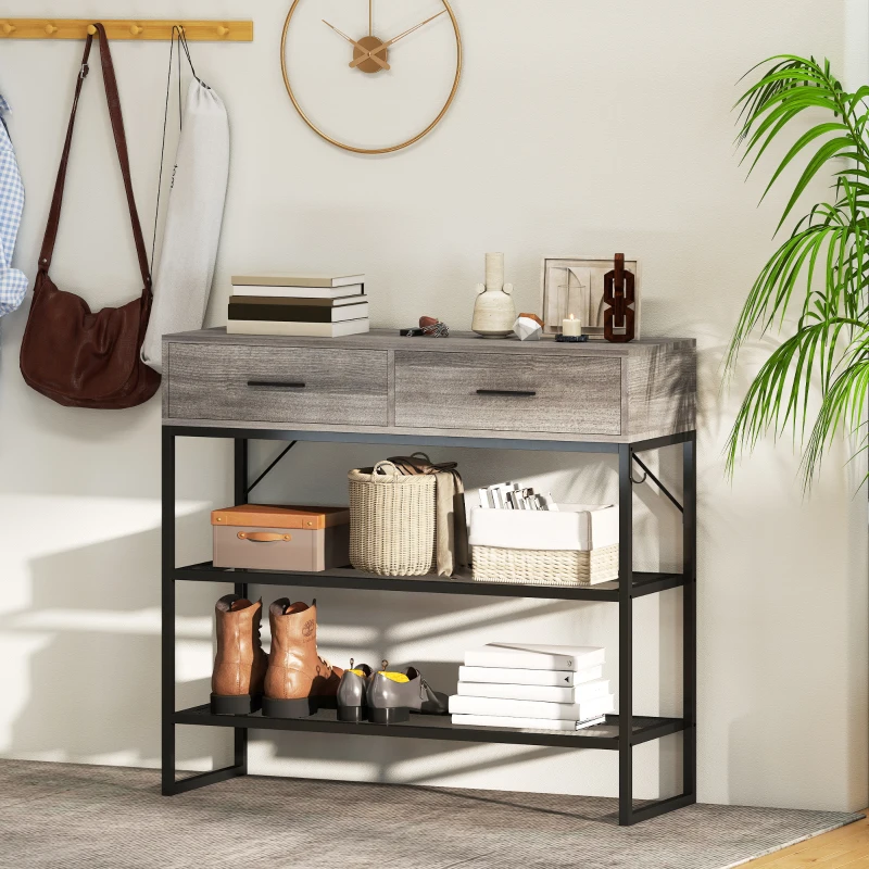 HOMCOM Consolă de Intrare cu 2 Sertare, 2 Rafturi din Plasă și Cârlig Lateral, Consolă în Lemn și Metal, Măsuță de Intrare pentru Dormitor, 100x35x92 cm, Gri Deschis