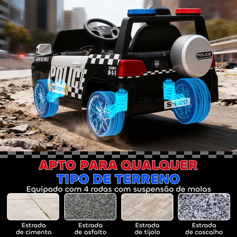 AIYAPLAY Carro Elétrico para Crianças de Polícia 12V com Motor Duplo Suspensão em 4 Rodas Sirene Faróis LED Porta USB Bluetooth e Música Branco