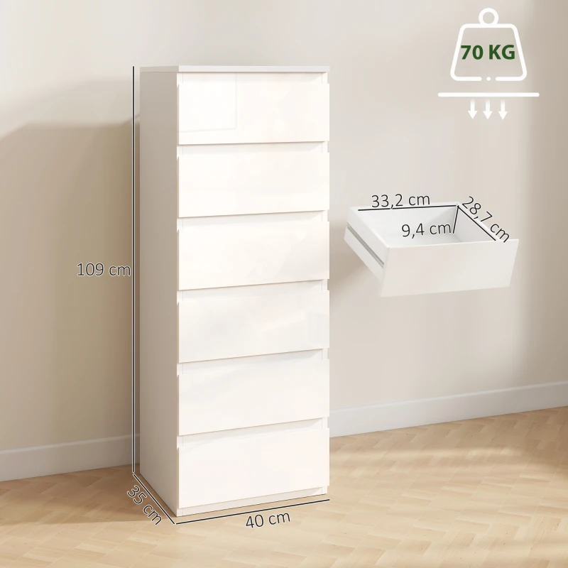 HOMCOM Commode 6 tiroirs à haute brillance, meuble de rangement étroit sans poignées, 40 x 35 x 109 cm, blanc