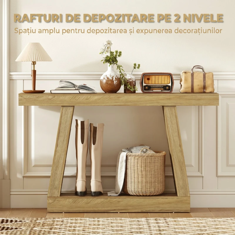 HOMCOM Masă Consolă 140 cm, Retro Canapea cu Spațiu de Depozitare, Stejar