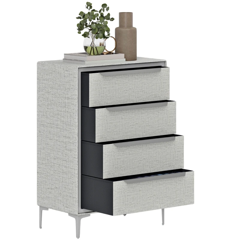 HOMCOM Comodă cu 4 Sertare din Oțel, Acoperită cu Material Textil cu Aspect de In, 60x36x88 cm, Gri