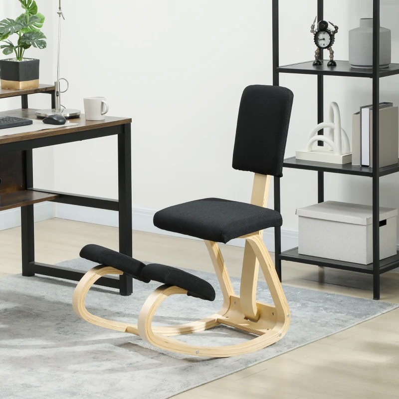HOMCOM Siège assis genoux, tabouret ergonomique en bois à bascule avec dossier, chaise à genoux pour bureau à domicile, noir