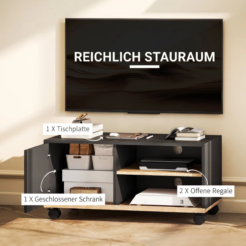 HOMCOM TV-Board auf Rollen mit Bremsen, TV-Möbel mit Schrank und verstellbarer Ablage, Schwarz und Eiche
