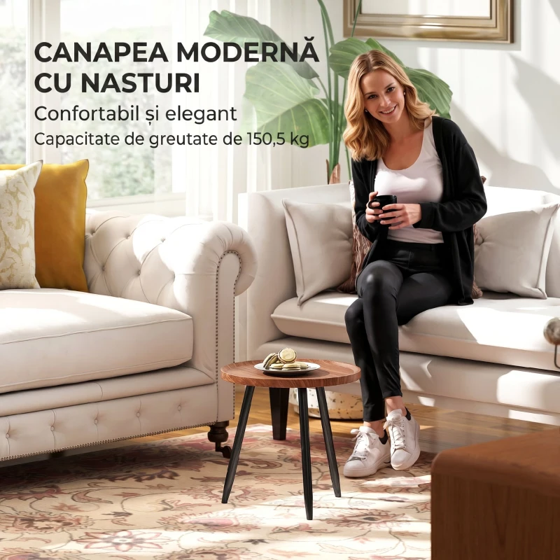 HOMCOM Măsuță de Cafea Rotundă cu Margine Ridicată și 3 Picioare, din Lemn și Oțel, Ø40x39 cm, Negru și Culoare Lemn