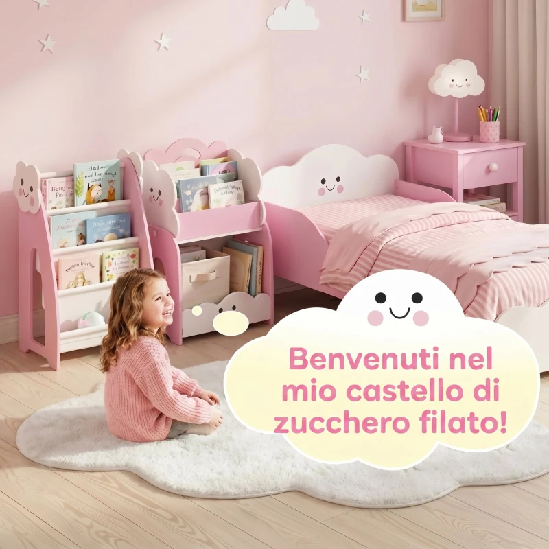 AIYAPLAY Mobile per Bambini in Legno con Portariviste, Libreria a 3 Livelli e Comodino, 85.5x32x72 cm, Rosa e Bianco