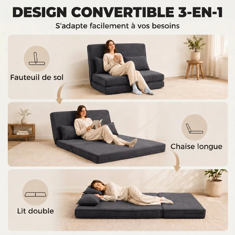 HOMCOM Canapé-Lit Pliant, Chauffeuse 2 Places Convertible Velours Côtelé, Dossier Réglable, Assise Large, 2 Oreillers, Gris