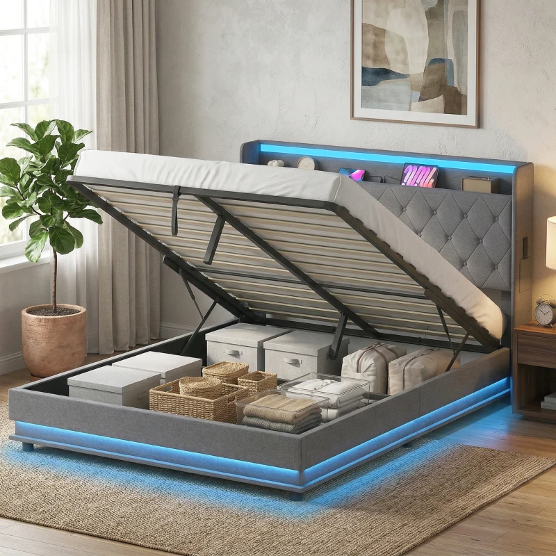 HOMCOM 5ft King Bed Frame with Headboard, Platform Bed Frame with Hydraulic Storage, LED Lights and Charging Station, Grey