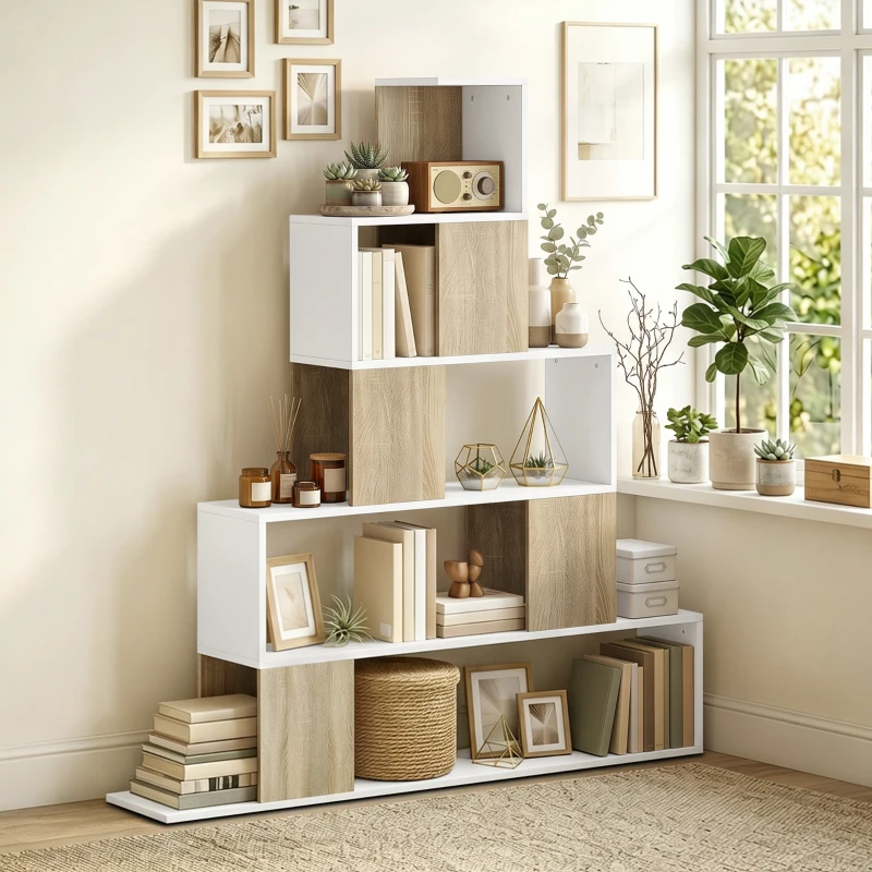 HOMCOM Étagère de rangement, bibliothèque géométrique à 5 niveaux, pour bureau, salon, chambre, blanc et bois naturel