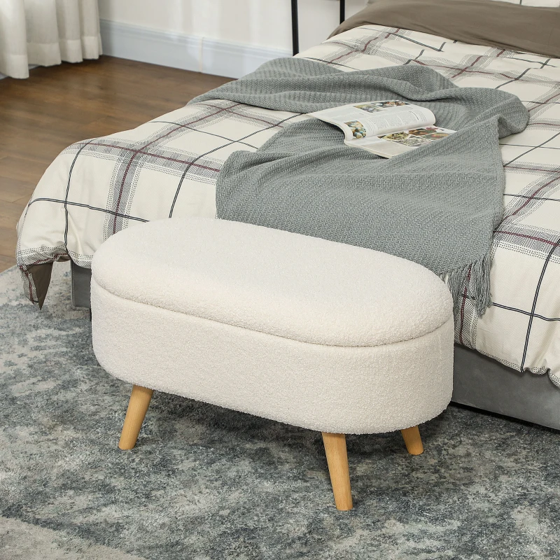 HOMCOM Banc de Rangement, Bout de Lit Rembourré en Peluche Teddy avec Couvercle et Pieds en Bois, 82 x 41 x 45 cm, Blanc(m-6)