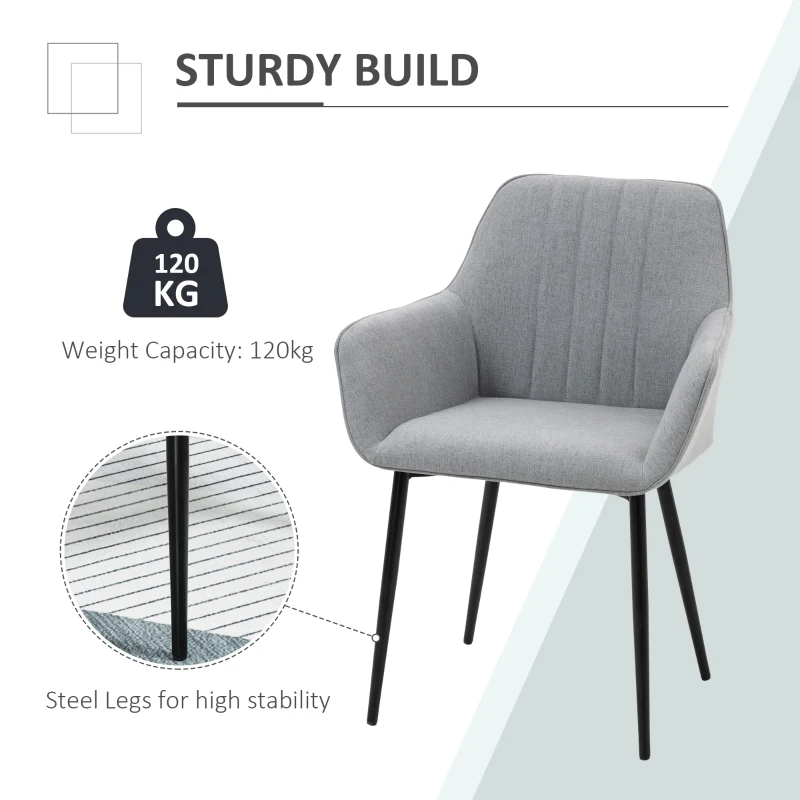 HOMCOM Dining Chairs Set of 2, Upholstered Linen Fabric Kitchen Chairs with Metal Legs for Living Room Dining Room, Light Grey