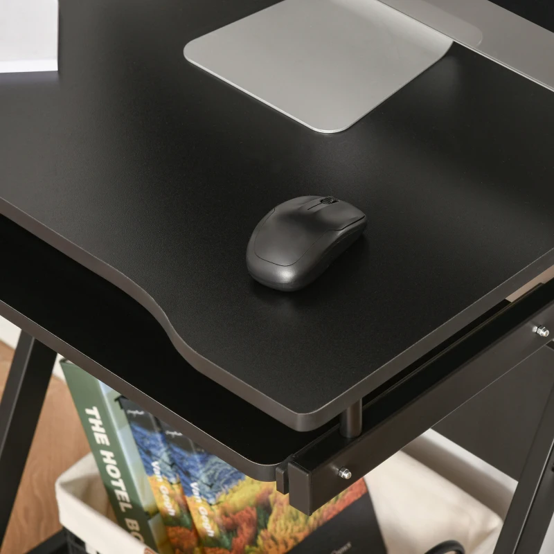 HOMCOM Secretária para Computador com Rodas 60x48 cm com Prateleira Deslizante para Teclado e Prateleira Inferior Estrutura Metálica Preto