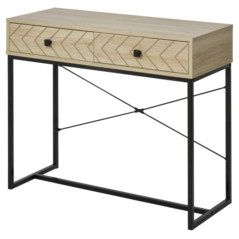 HOMCOM Table Console table d'entrée Industriel 2 tiroirs Bois Naturel Pieds métal dim. 90 x 35 x 76 cm