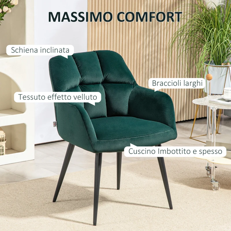 HOMCOM Poltrona da Salotto in Velluto e Imbottita con Gambe in Acciaio e Braccioli Estesi, Verde