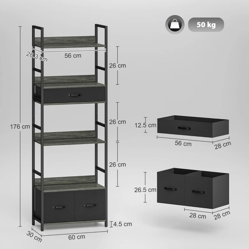 HOMCOM Industrial Style Bookcase, with 4 Shelves and 3 Fabric Drawers - Grey/Black