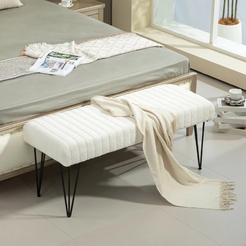 HOMCOM Bancă modernă pentru capătul patului cu picioare tip agrafă, din material textil cu efect de catifea, lemn și metal, 118,5x46x49,5 cm, crem