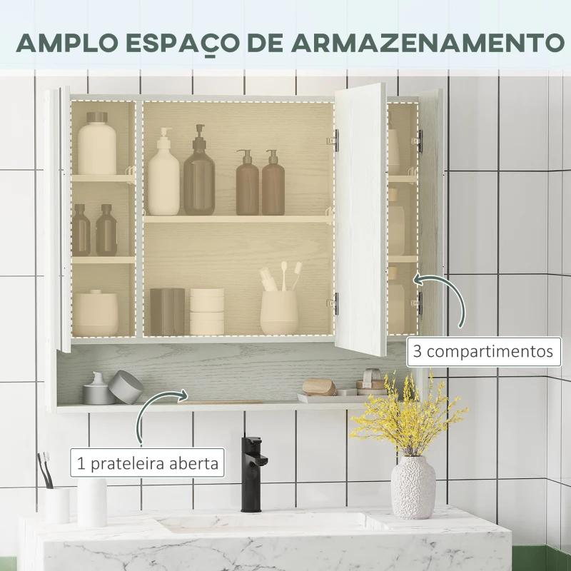 kleankin Armário Casa de Banho com Espelho Armário de Parede com Prateleira Ajustável e Compartimento 90x15x75 cm Madeira Clara