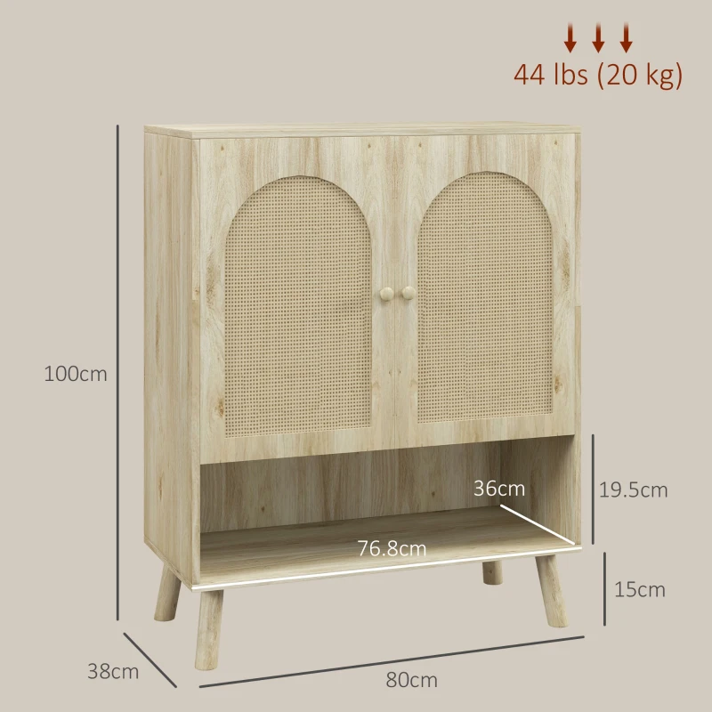 HOMCOM Dulap Multifuncțional în Stil Boho cu Uși din Ratan și Raft Deschis, 80x38x100cm, Stejar