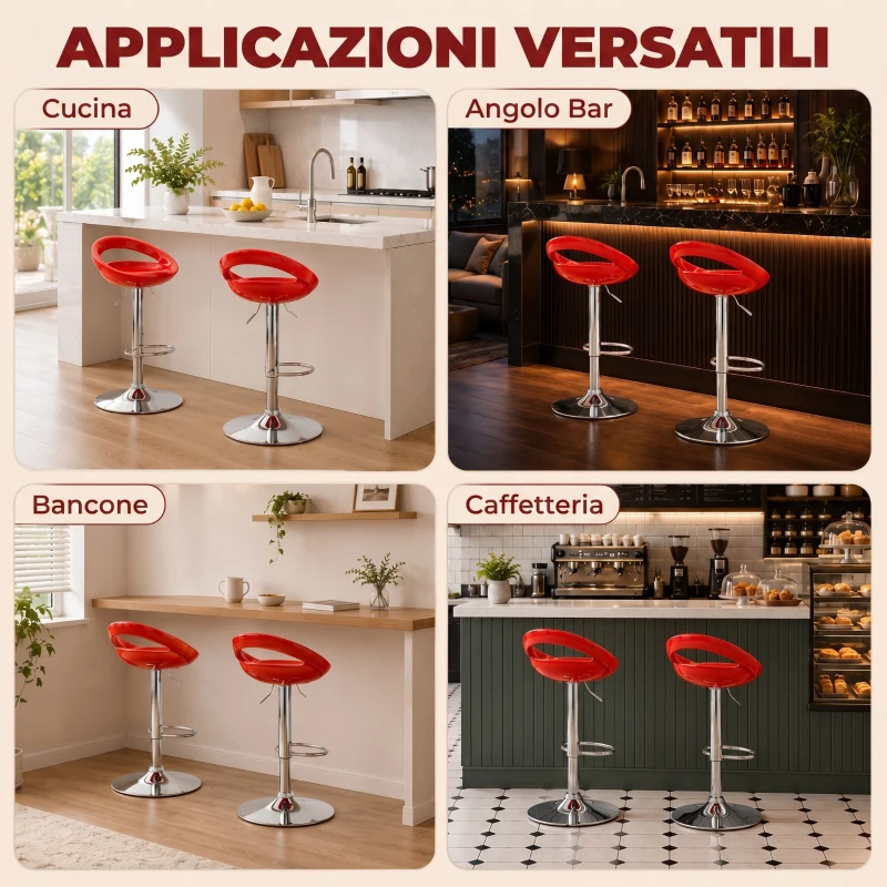HOMCOM Set 2 Sgabelli da Bar Girevoli con Poggiapiedi, Altezza Regolabile Base in Acciaio Seduta in ABS, Rosso