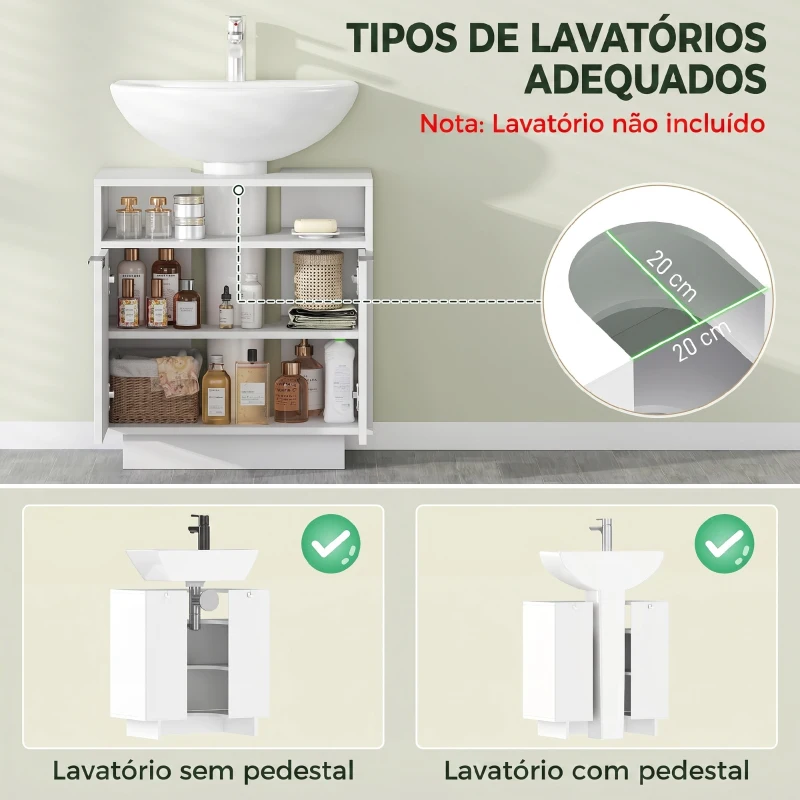 HOMCOM Móvel para Lavatório Pousar com 2 Portas Canaladas para Lavatório com ou sem Pedestal  60x33x63 cm Branco
