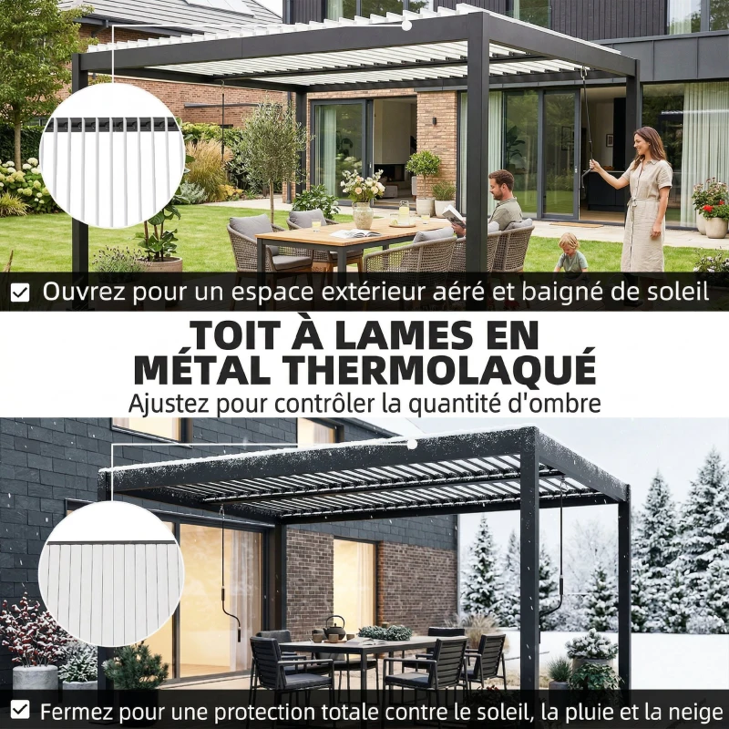 Outsunny Pergola Bioclimatique 4x3m en Aluminium à Toit Louvred Ajustable, Protection Soleil, pour Jardin Extérieur, Blanc