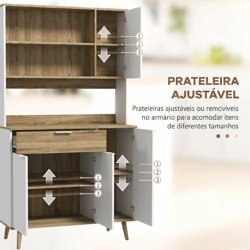 HOMCOM Armário de Cozinha Alto com 4 Portas, Prateleiras Ajustáveis, Gaveta e Compartimentos Abertos, 98x39x180 cm, Branco e Natural