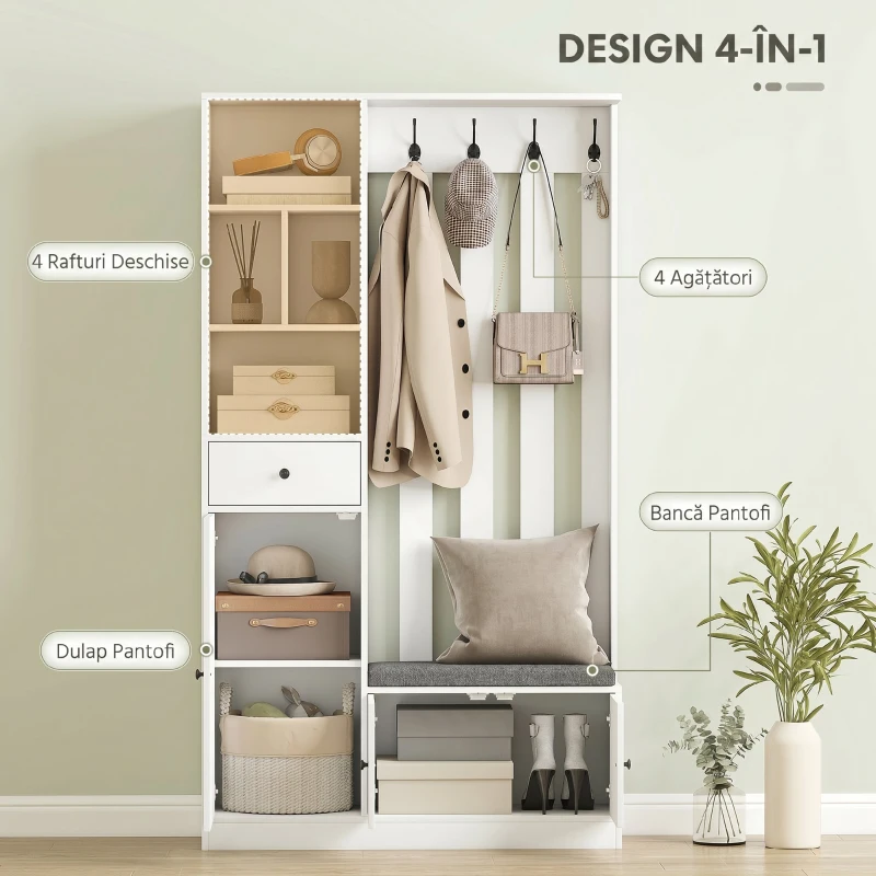 HOMCOM Cuier 180 cm cu Bancă pentru Pantofi, Soluție 4-în-1 cu Raft Reglabil, pentru Hol sau Living, Alb