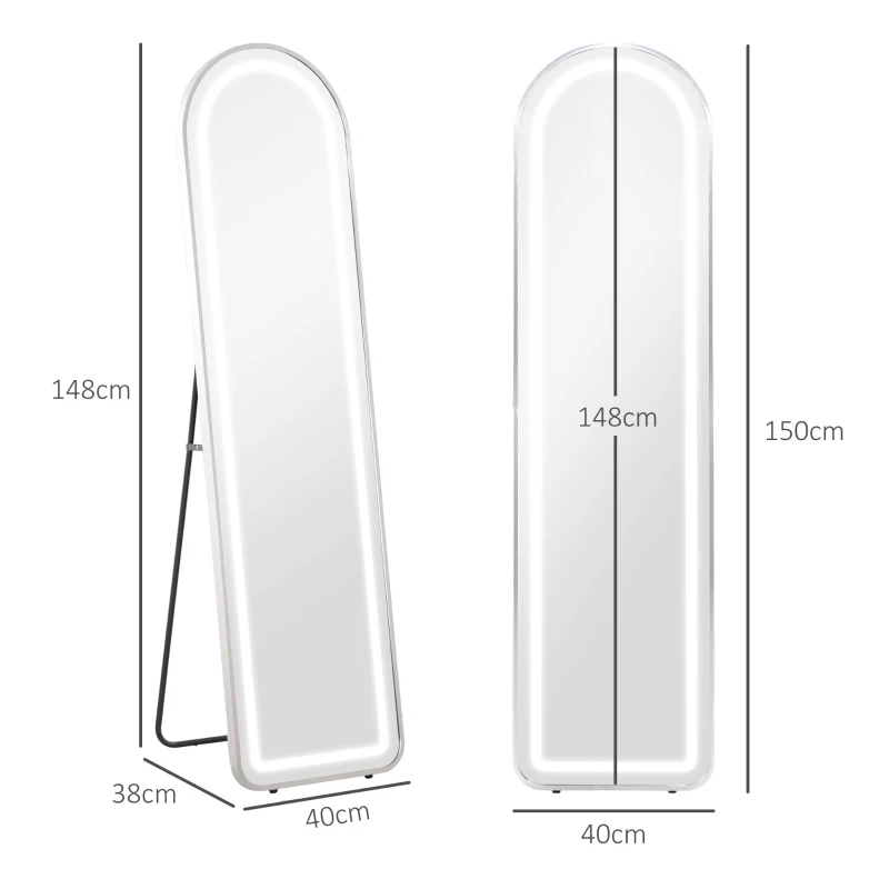 HOMCOM Miroir complet arqué miroir pleine longueur LED 3 couleurs lumière réglables fonction mémoire 150 x 40 cm argent