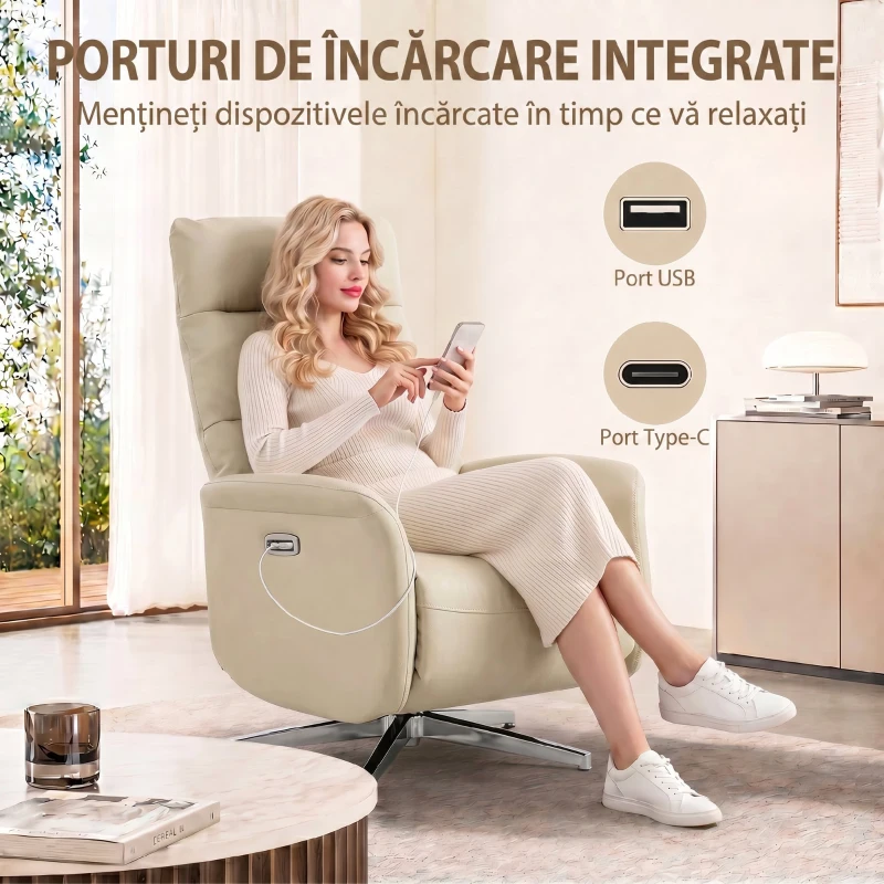 HOMCOM Fotoliu Reclinabil Electric, Rotativ, cu Suport pentru Picioare, USB, Bej