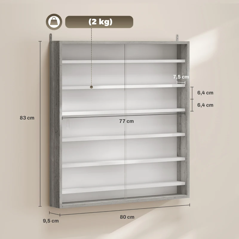 HOMCOM Bacheca Portaoggetti a 5 Ripiani Regolabili in Legno con Ante in Vetro, 80x9.5x83 cm, Bianco e Grigio