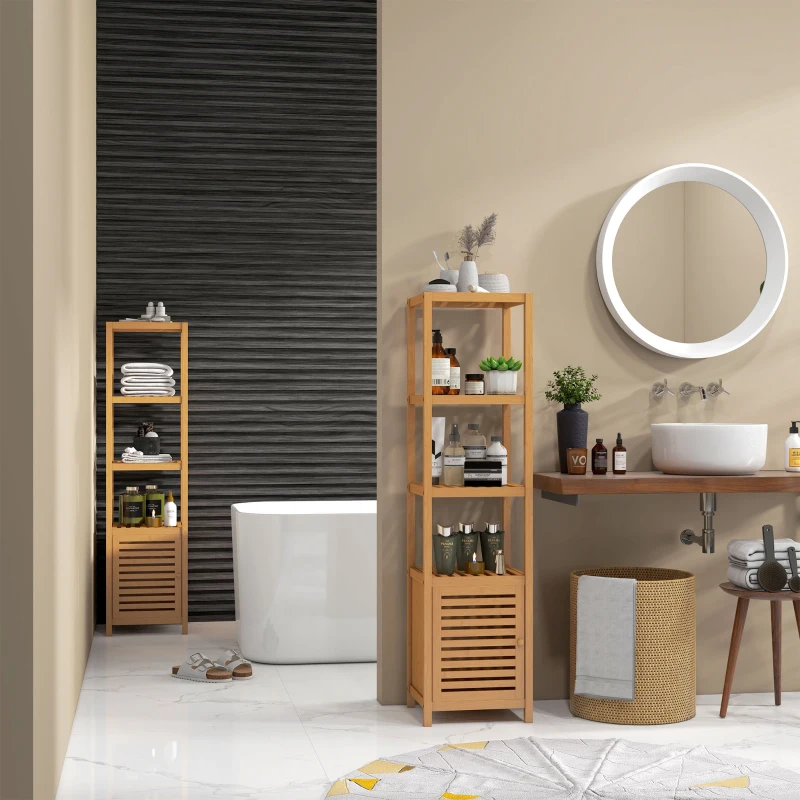 HOMCOM Lot de 2 meubles colonne rangement salle de bain bambou design naturel 36L x 33l x 140H cm 4 étagères 8 niveaux + placard