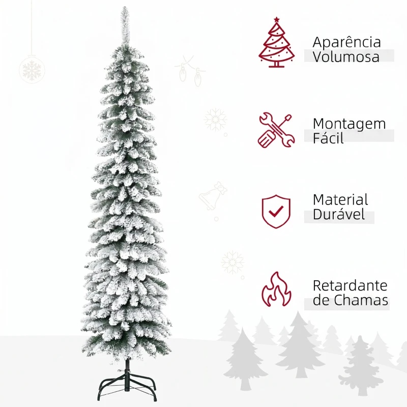 HOMCOM Árvore de Natal Estreita Nevada 180 cm com 395 Ramos e Suporte Metálico Dobrável para Sala de Estar, Interior, Verde