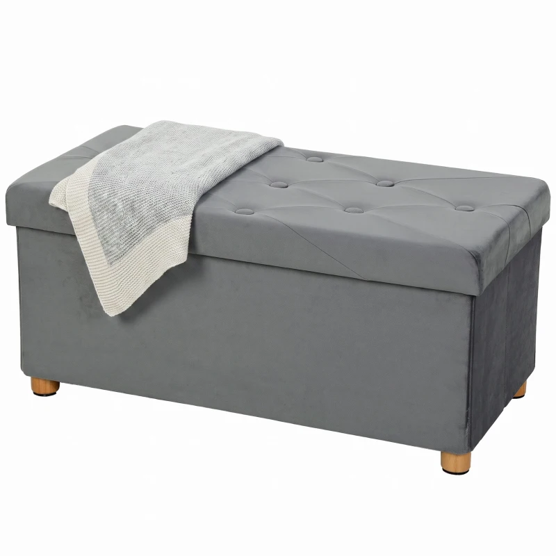 HOMCOM Velvet Upholstered Foldable Ottoman Footrest, Storage Ottoman Bench with Wood Legs for Living Room, Grey
