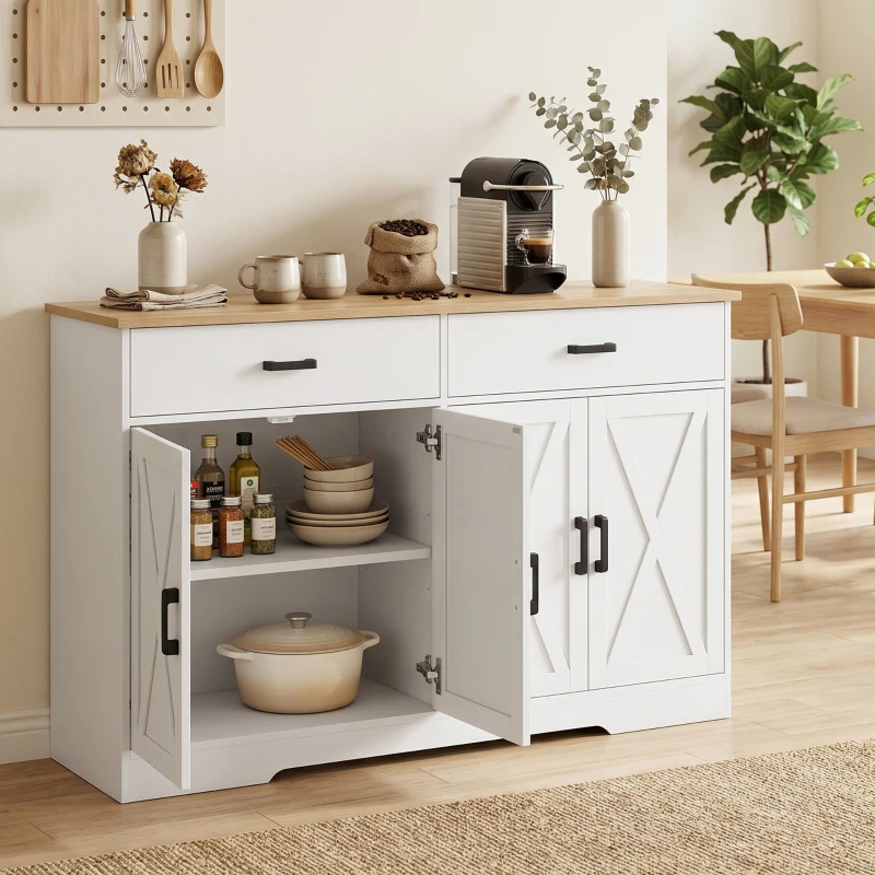 HOMCOM Sideboard Buffet Schrank, 140 cm Farmhaus Küchen-Schrank mit 2 Schubladen und 2 Schränken, Weiß