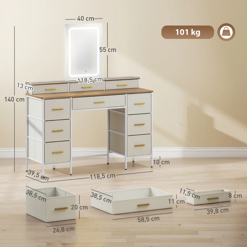 HOMCOM Coiffeuse avec miroir et lumières LED 3 couleurs, table de maquillage 10 tiroirs en tissu, 118,5 x 39,5 x 140 cm naturel