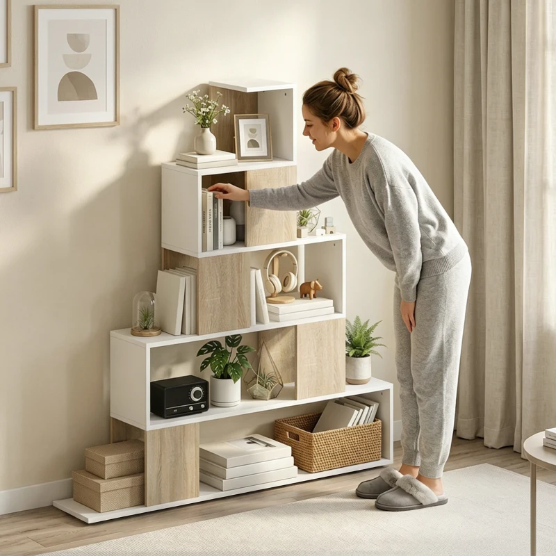 HOMCOM Étagère de rangement, bibliothèque géométrique à 5 niveaux, pour bureau, salon, chambre, blanc et bois naturel