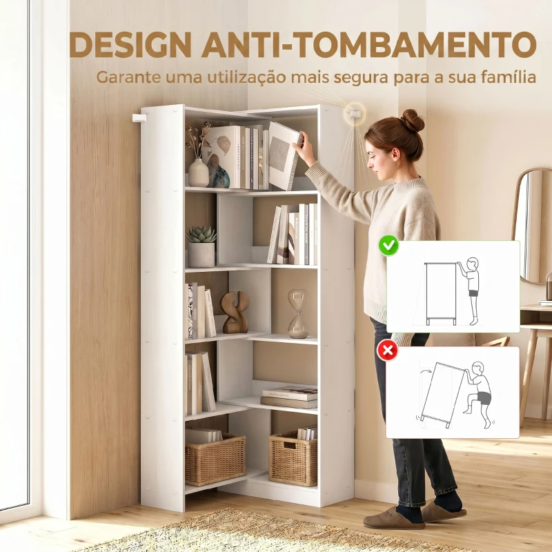 HOMCOM Estante Expansível 5 Níveis Estante para Livros Giratória 350° Largura Ajustável Convertível em L Reta ou Compacta 111,5x23,8x163,7 cm Branco