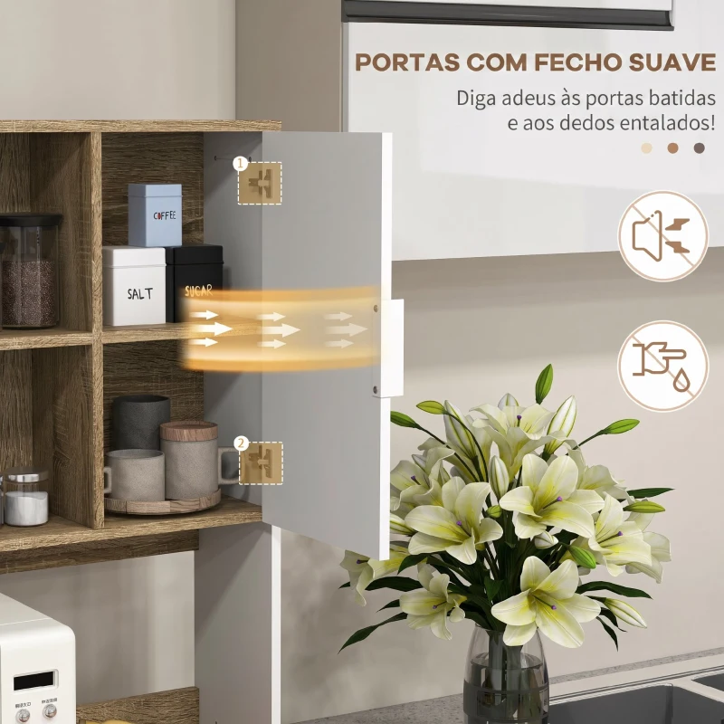 HOMCOM Armário de Cozinha Alto com 4 Portas, Prateleiras Ajustáveis, Gaveta e Compartimentos Abertos, 98x39x180 cm, Branco e Natural