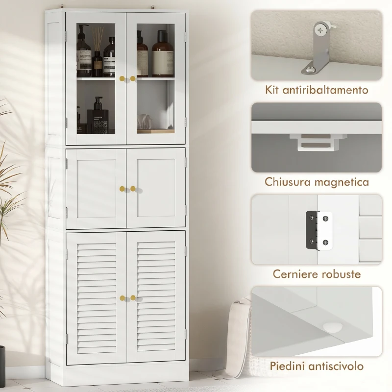 HOMCOM Mobile Bagno con 3 Armadietti a 2 Ante in Vetro e Legno, Ripiani Regolabili, 60x30x170 cm, Bianco