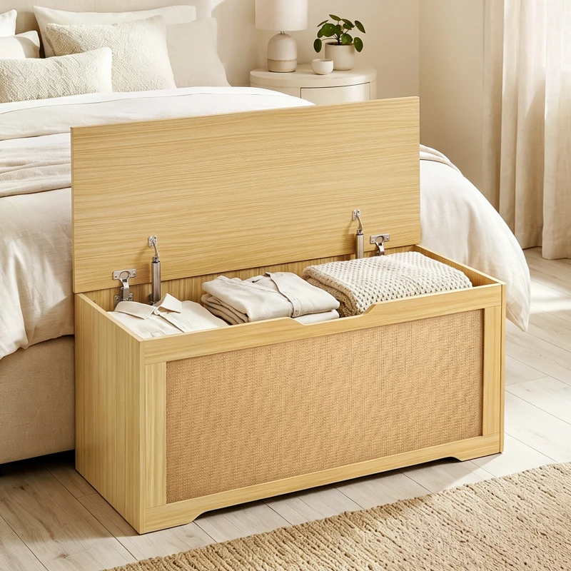 HOMCOM Baú de Arrumação 108L com Painel de Ratã e Tampa com Braços de Apoio, 80x40x45 cm, Carvalho