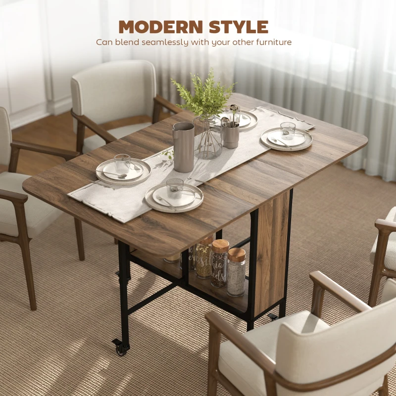 HOMCOM HOMOM Mesa de Cozinha Dobrável Mesa de Refeição Dobrável com Rodas Laterais Abatíveis e Prateleira Mesa Dobrável para Sala de Jantar 130x80x74 cm Marrom