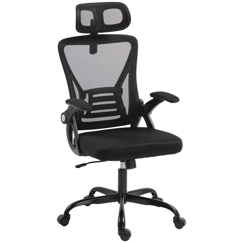 HOMCOM Scaun de Birou Ergonomic cu Brațe Rabatabile, Tetieră și Înălțime Reglabile, din Plasă Respirabilă, Negru