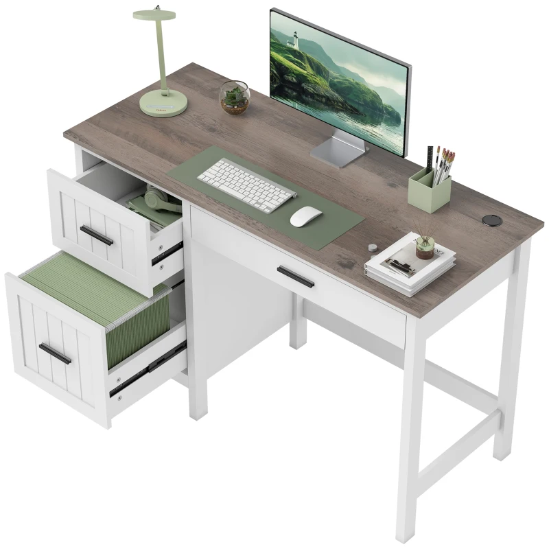 HOMCOM Secretária Rústica com 3 Gavetas e Bancada com Efeito Madeira Mesa para Computador para Estudo Escritório 120x50x76,2 cm Branco