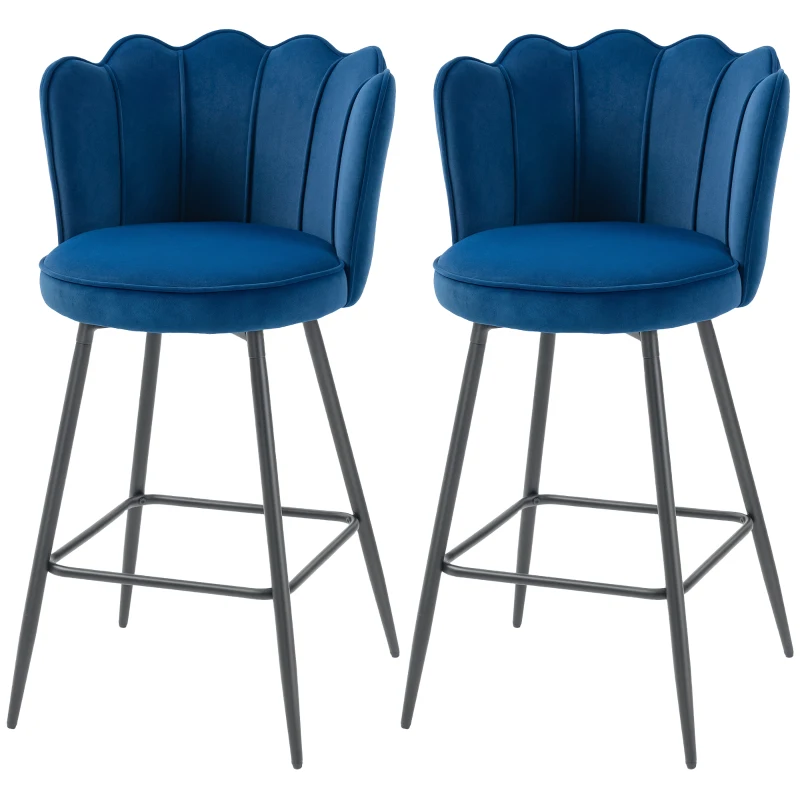 HOMCOM Set of Two Velvet-Feel Lotus Bar Stools - Dark Blue