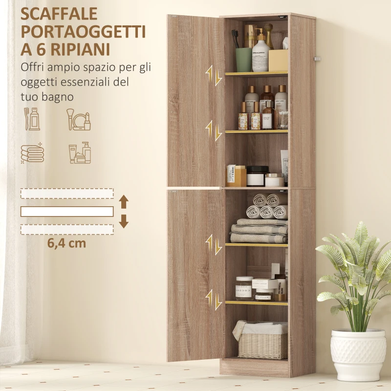 HOMCOM Mobile Colonna Bagno a 2 Armadietti con 6 Ripiani Regolabili, in Legno, 40x35x180 cm, Color Legno