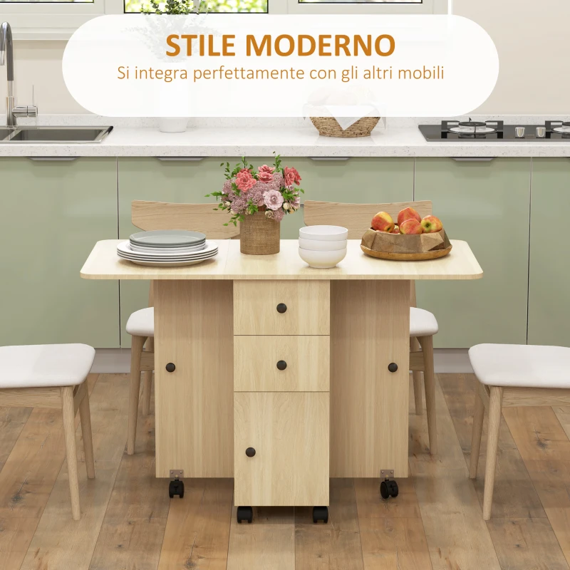 HOMCOM Tavolo Pieghevole con 2 Cassetti e Armadietto, 6 Rotelle e Freni, 120x60x76.5 cm, Color Legno