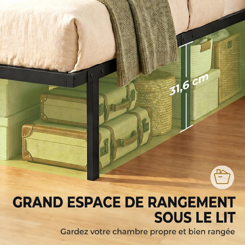 HOMCOM Cadre de lit 90 x 200 cm avec sommier en métal, lit simple avec rangement au-dessous, sans bruit, montage facile, noir