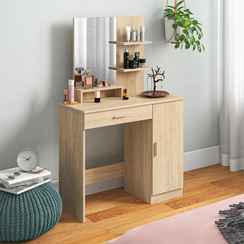 HOMCOM Tavolo per Trucco in Truciolato con Mobiletto, Cassetto, Ripiani Aperti e Specchio, 90x38x138 cm
